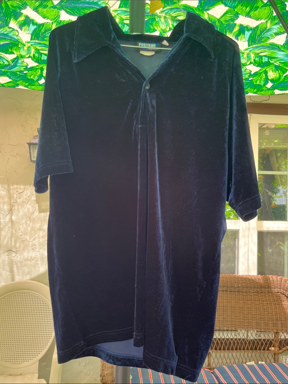 Positano Vintage Navy Blue Velour Velvet Short Sleeve Polo Shirt Men's XL